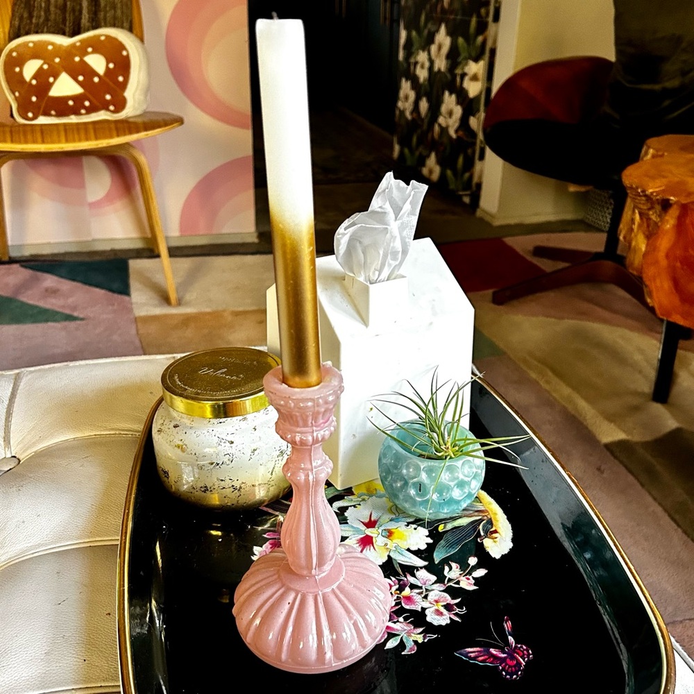 Taper candle holder pink glass. Approx 8 inches tall good condition